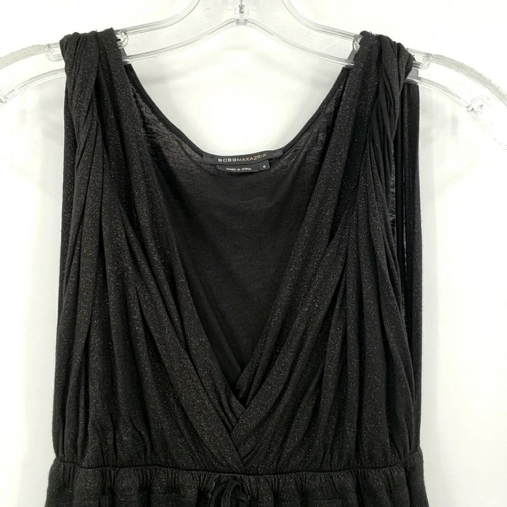 BCBGMaxAzria Twisted Straps V Neck Glittery Casual Black Dress